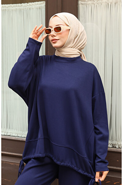 sefamerve Lace Detailed Hijab Trouser Suit 2175-01 Navy Blue