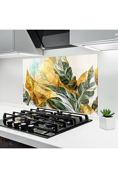 Arthub Kitchen Glass Panel, Stove Protection, Heat Resistant, Abstract, Gold ...