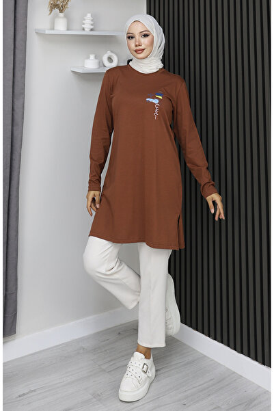 sefamerve Digital fabric Slit tunic 9135-01 brown