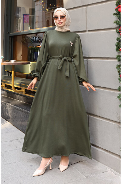 sefamerve Brooch and lace detailed Corded Fabric hijab dress 0220-02 khaki