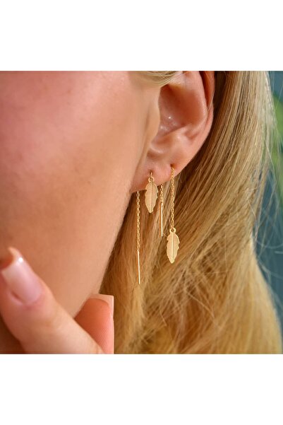 YCL JEWELLERY 8 Ayar Altın Zarif Sallantılı Yaprak Küpe