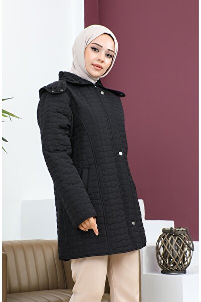 sefamerve Μεγάλο μέγεθος Παλτό με τετράγωνο σχέδιο καπιτονέ 6141-01 Μαύρο