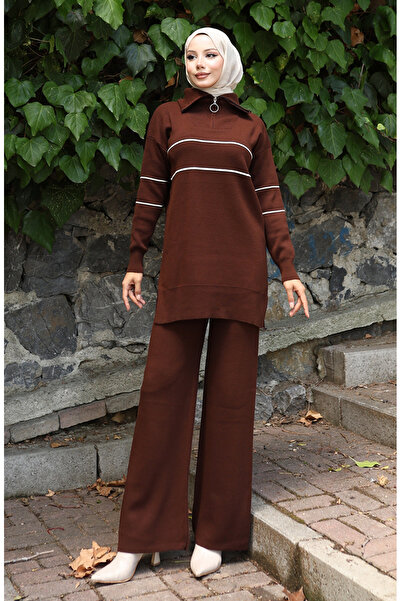 sefamerve Knitwear Zippered Tunic Trousers Double Set 1050-06 Brown