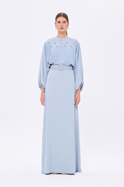 CENGIZ AKTURK Çiçek İşlemeli Kemerli Saten Uzun Abiye Elbise - 9075C