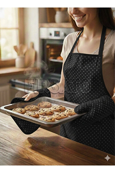 Fırsato 3'lü Beyaz Puantiyeli Mutfak Seti, Mutfak Önlüğü, Isıya dayanıklı Fır...