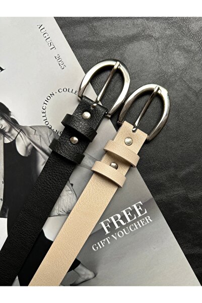 LİA KEMER 2-Pack Lust Classic Patterned Women's Silver Buckle Belt Jacket Belt Dress Belt Trouser Belt