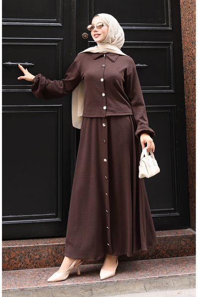 sefamerve Shirt Collar Hijab Tunic Skirt Two-Piece Set 0223-04 Brown