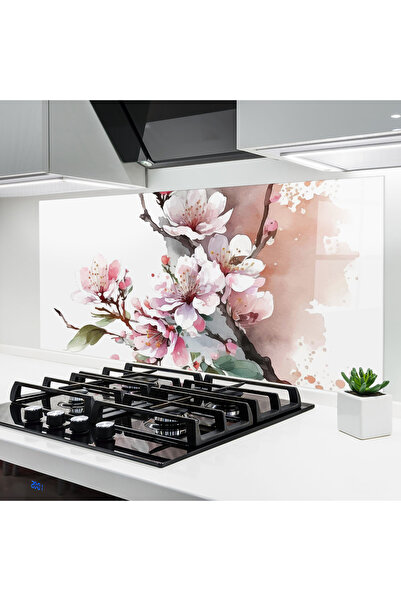 Arthub Kitchen Glass Panel, Stove Protection, Heat Resistant, Landscapes, Cherry Spring Flower