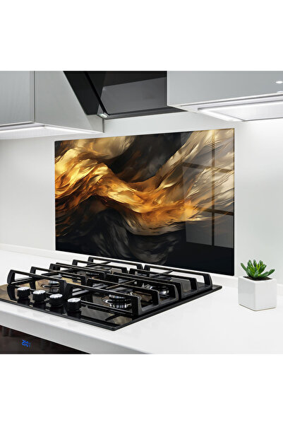 Arthub Kitchen Glass Panel, Stove Protection, Heat Resistant, Abstract, Golde...