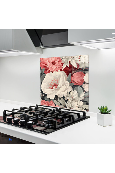Arthub Kitchen Glass Panel, Stove Protection, Heat Resistant, Flowers, Cream Pink Rose