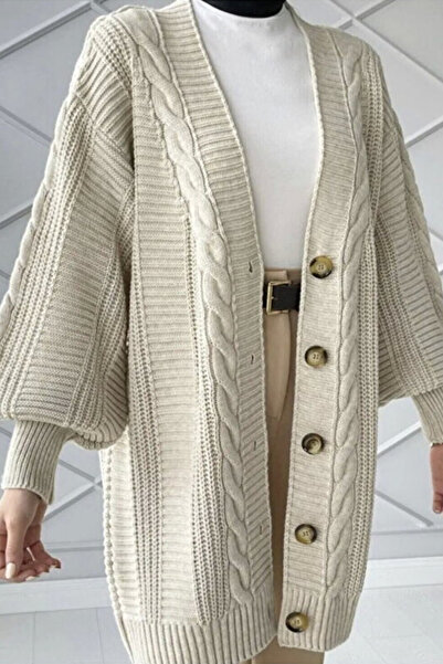 Marvine Γυναικεία Μπεζ Ζακέτα Με Κουμπιά oversized Μοντέλα Πλεκτά Ζακέτα