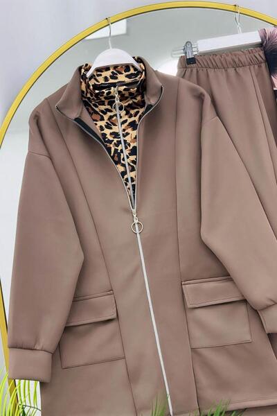 YEDİLALE Double Zippered Stand-Up Collar Leopard Printed Double Set [Includes Tunic and Pants]