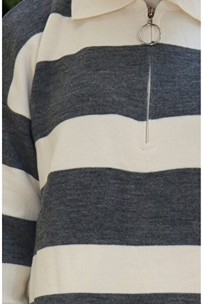 sefamerve Knitwear Color Block Zippered Tunic 3003-07 Gray