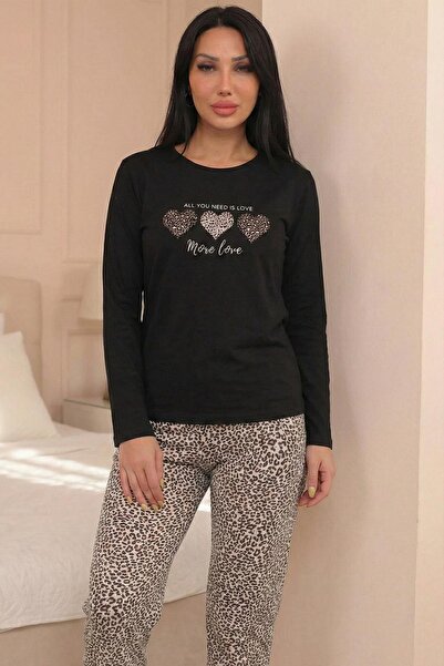 Niket Life Women's More Love Slogan Six Leopard Print Crew Neck Long Sleeve Six Long Combed Cotton Pajama Set