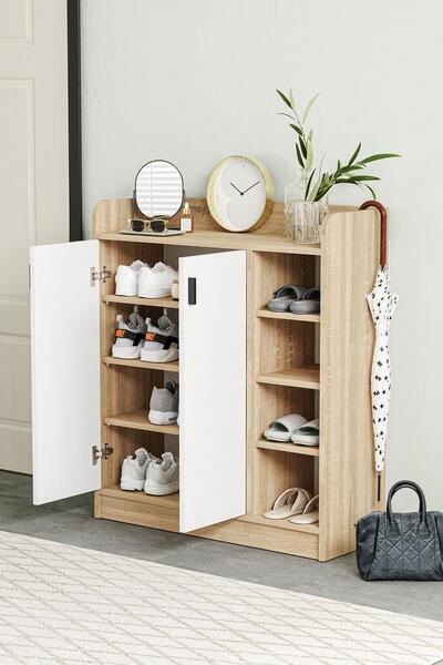 Hofga Palaz 4 Raflı 2 Kapaklı Dekoratif Ayakkabılık Beyaz Meşe