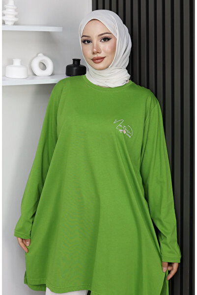 sefamerve Ψηφιακό χτενισμένο βαμβακερό τουνίκ μεγάλου μεγέθους με τύπωμα 9134B-02 Πράσινο