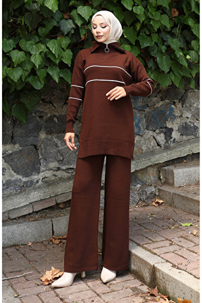 sefamerve Knitwear Zippered Tunic Trousers Double Set 1050-06 Brown