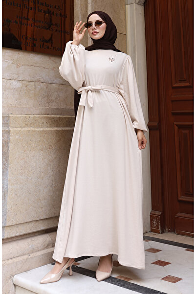 sefamerve Corded Fabric Hijab Dress with Brooch and Lace Detail 0220-05 Beige