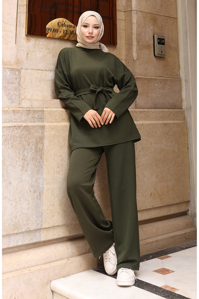 sefamerve Corded Fabric Tie-Up Hijab Trouser Set 2172-02 Dark Green