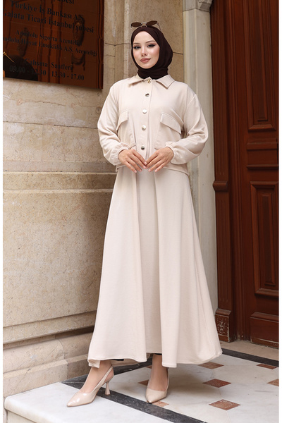 sefamerve Corded Fabric Button Jacket Dress Hijab Set 0219-07 Beige