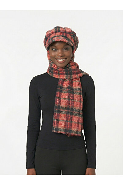 fidan bone Wool Cap Hat with Scarf Burgundy Tartar Pattern Ready-Made Turban Hijab Bonnet Beanie Medical Suitable