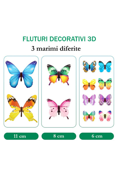 PROCART Set of 12 3D decorative butterflies, phosphorescent, self-adhesive, 6-12 cm, multi-colored