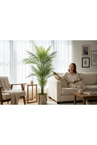 ERHAN FLOWERS Yapay Areka Ağacı Palmiye Ağacı Salon Bitkisi Yapay Areka 130 Cm 20 Yaprak metal gümüş saksı