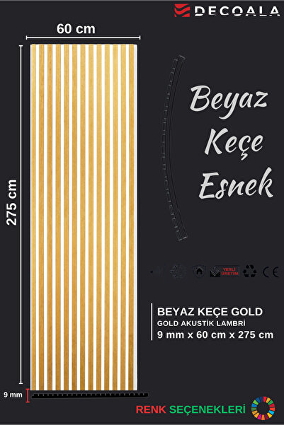 DECOALA MDF Ahşap Akustik Duvar Paneli Beyaz Keçe 60x275 cm - Gold