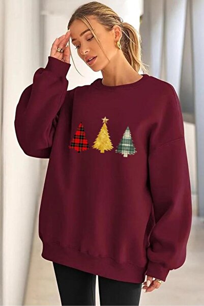 trendgar Colorful Pine Tree Printed Burgundy Crew Neck Sweatshirt