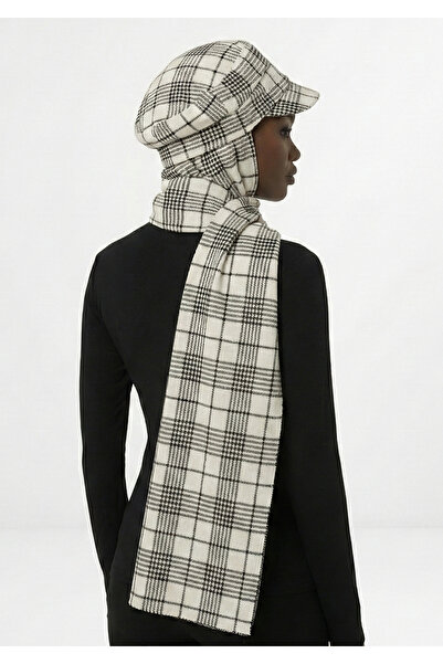 fidan bone Wool Cap Hat with Scarf Ecru Plaid Ready-To-Wear Turban Hijab Bonnet Beanie Medical Suitable