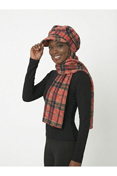 fidan bone Wool Cap Hat with Scarf Burgundy Tartar Pattern Ready-Made Turban Hijab Bonnet Beanie Medical Suitable