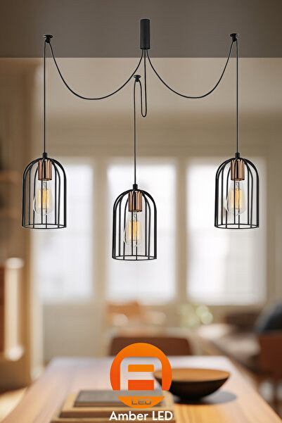 AmberLED Tel 3'lü Tepsi Sarkıt Pütürlü Siyah Metal Gövde ile Oturma Odası Ayd...