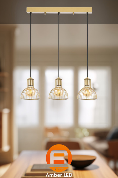 AmberLED Tel 3'lü Sıralı Sarkıt Parlak Gold Metal Gövde ile Salon ve Yatak Od...