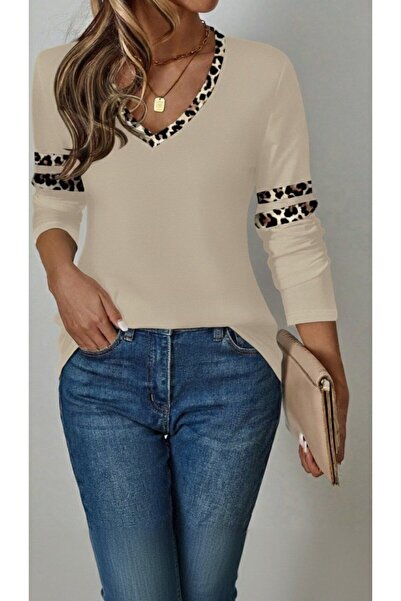 JANES Women's Long Sleeve V-Neck Leopard Print Viscose Two Thread Blouse