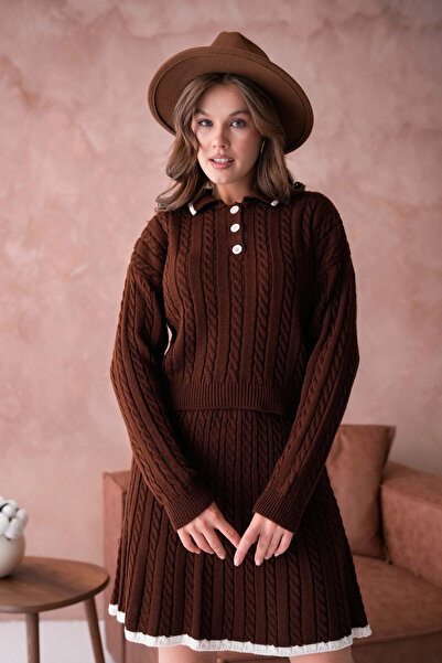 Park Karon Women's Polo Neck Knit Detail Skirted Double Knitwear Set