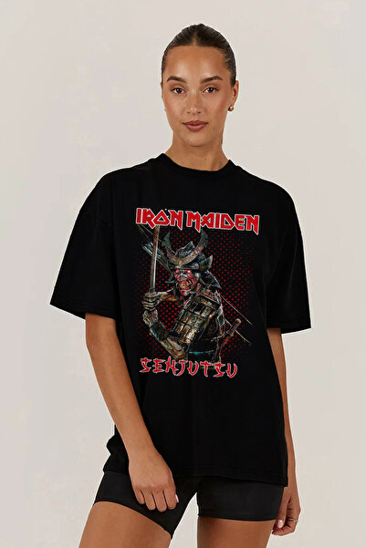 kun inaki iron maiden Senjutsu Heavy Metal Baskılı Oversize Kalıp Siyah Geniş Bol Kesim Kadın Tişört