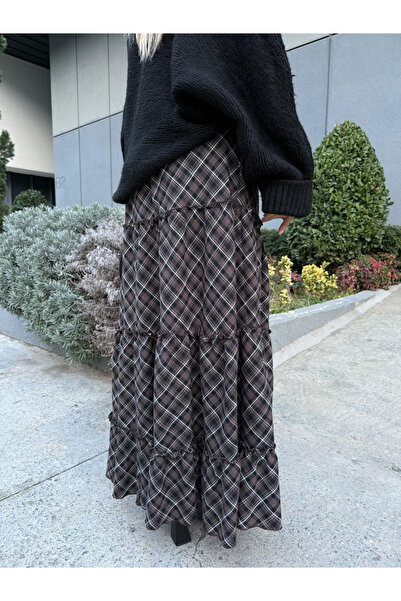 My Blog Brown Layered Plaid Skirt - 2213