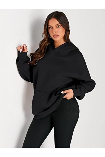 OEM Women's loose hoodie fleece sweatshirt, loose pullover, black, S