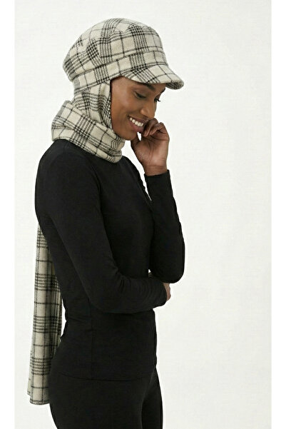 fidan bone Wool Cap Hat with Scarf Ecru Plaid Ready-To-Wear Turban Hijab Bonnet Beanie Medical Suitable