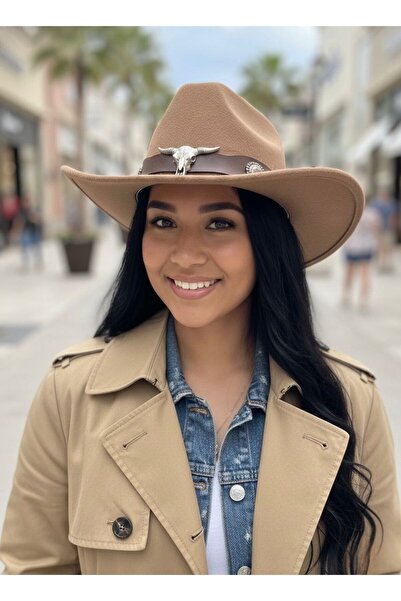 Axesoire 19021 Deri Aksesuarlı Camel Kovboy Fötr Şapka