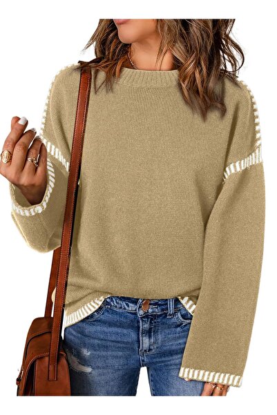 OEM Women's sweater, loose-fitting sweater, winter fashion, khaki, size S