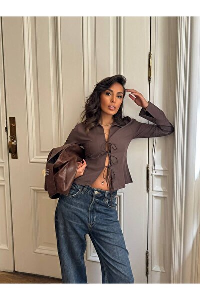 ZUSA store Bağcıklı Likralı Dar Kesim Gömlek- Kahverengi