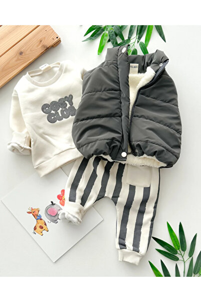 hümabebe Cozy Club Printed Inside Fur Vest Set Fleece-Lined Winter 3-Piece Suit