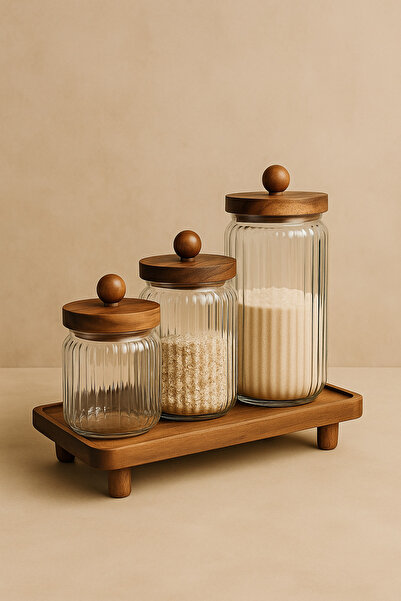 Mottogo Set of 3 Acacia Lid Glass Jars – 1300ml 950ml 600ml |   Acacia Stand Storage Set with Legs