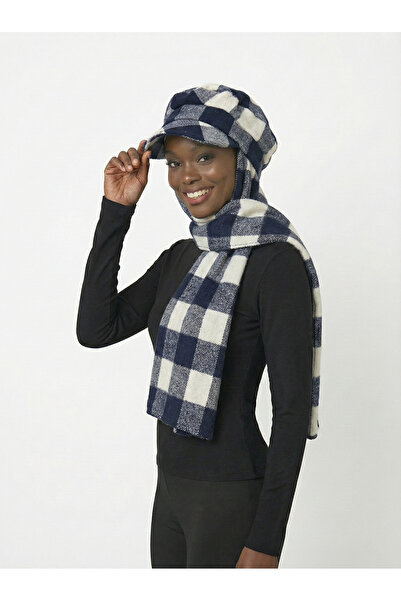 fidan bone Wool Cap Hat with Scarf Navy Blue Plaid Pattern Ready-Made Turban Hijab Bonnet Beanie Medical Suitable