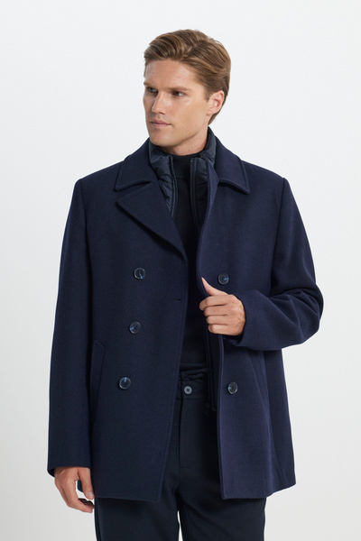 ALTINYILDIZ CLASSICS Navy Blue Standard Fit Regular Cut Turn-Down Collar Wool Patterned Coat