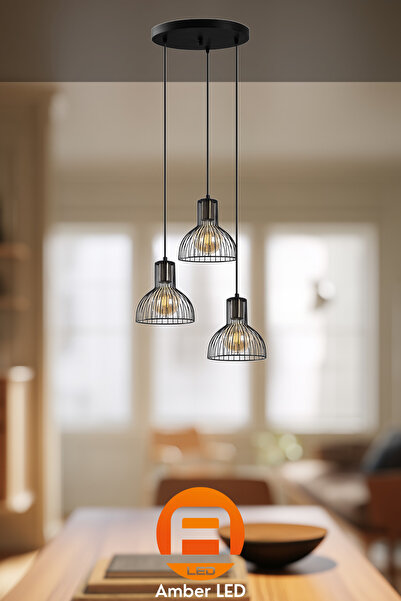 AmberLED Tel 3'lü Tepsi Sarkıt Pütürlü Siyah Metal Gövde ile Oturma Odası Ayd...