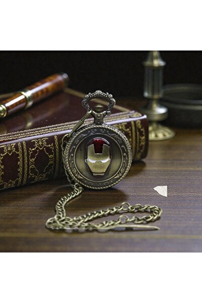 Kuzey Tacı Nostaljik Iron Man Maskesi Köstekli Cep Saati - Antika Görünümlü Metal Kolye Saat Vip