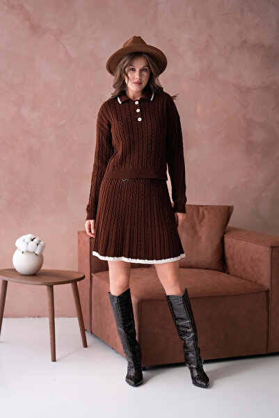 Park Karon Women's Polo Neck Knit Detail Skirted Double Knitwear Set