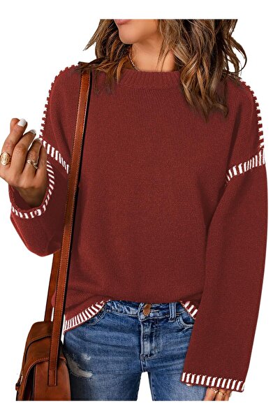 OEM Women's sweater, loose-fitting sweater, winter fashion, brick red, size S